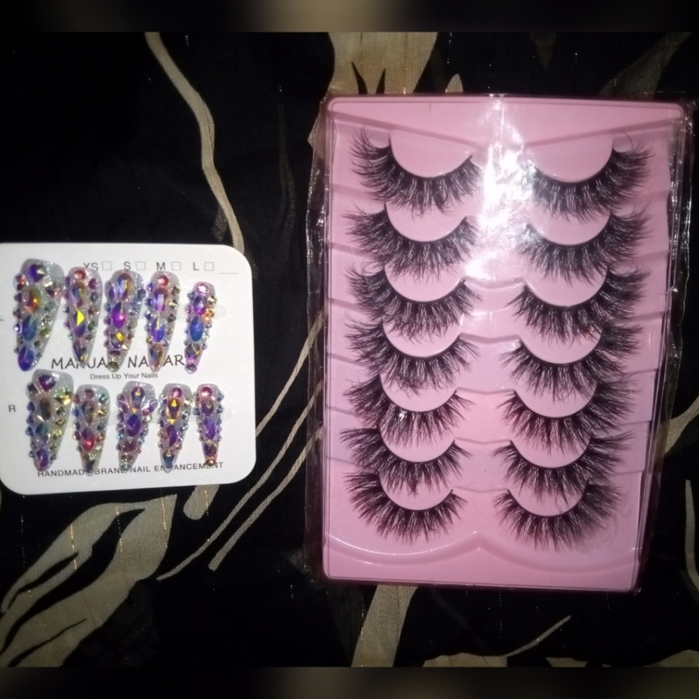Brand New Fluffy Lashes Set And Custom Made Bling Nails.
